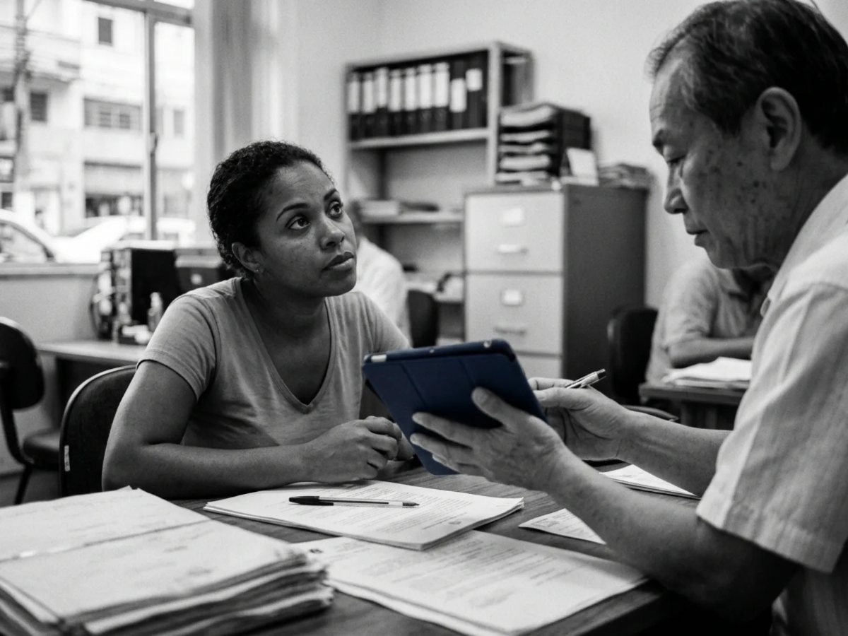 A man looking up at a tablet while the pen on the contract stays untouched